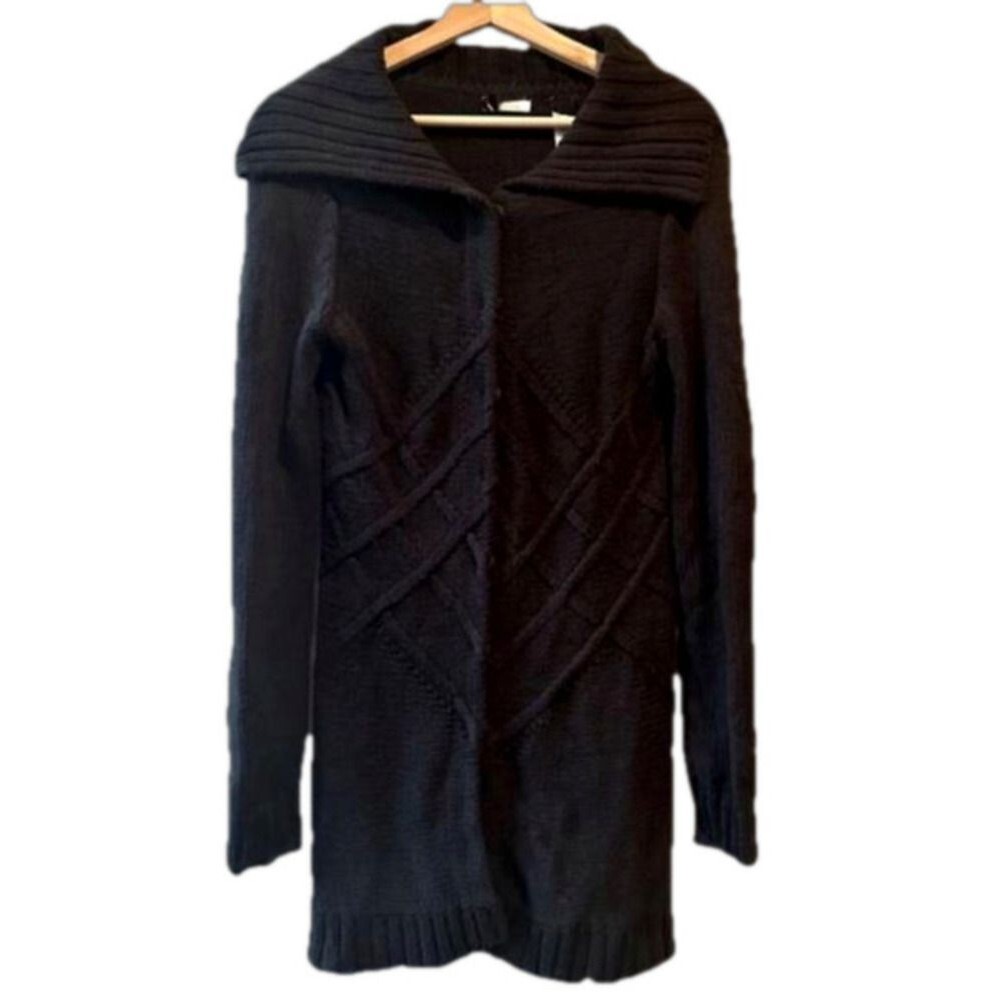 Vintage Liz & Co Black Long Cardigan Sweater Jacket Small Y2K Shacket 90s